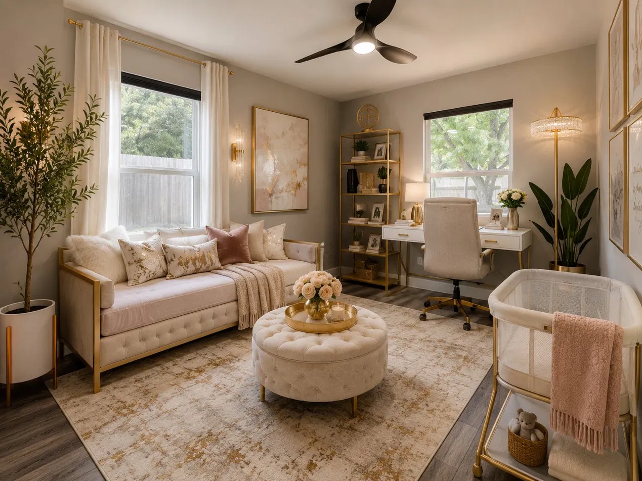 The mom lounge, pink daybed, plants, magenta accents
