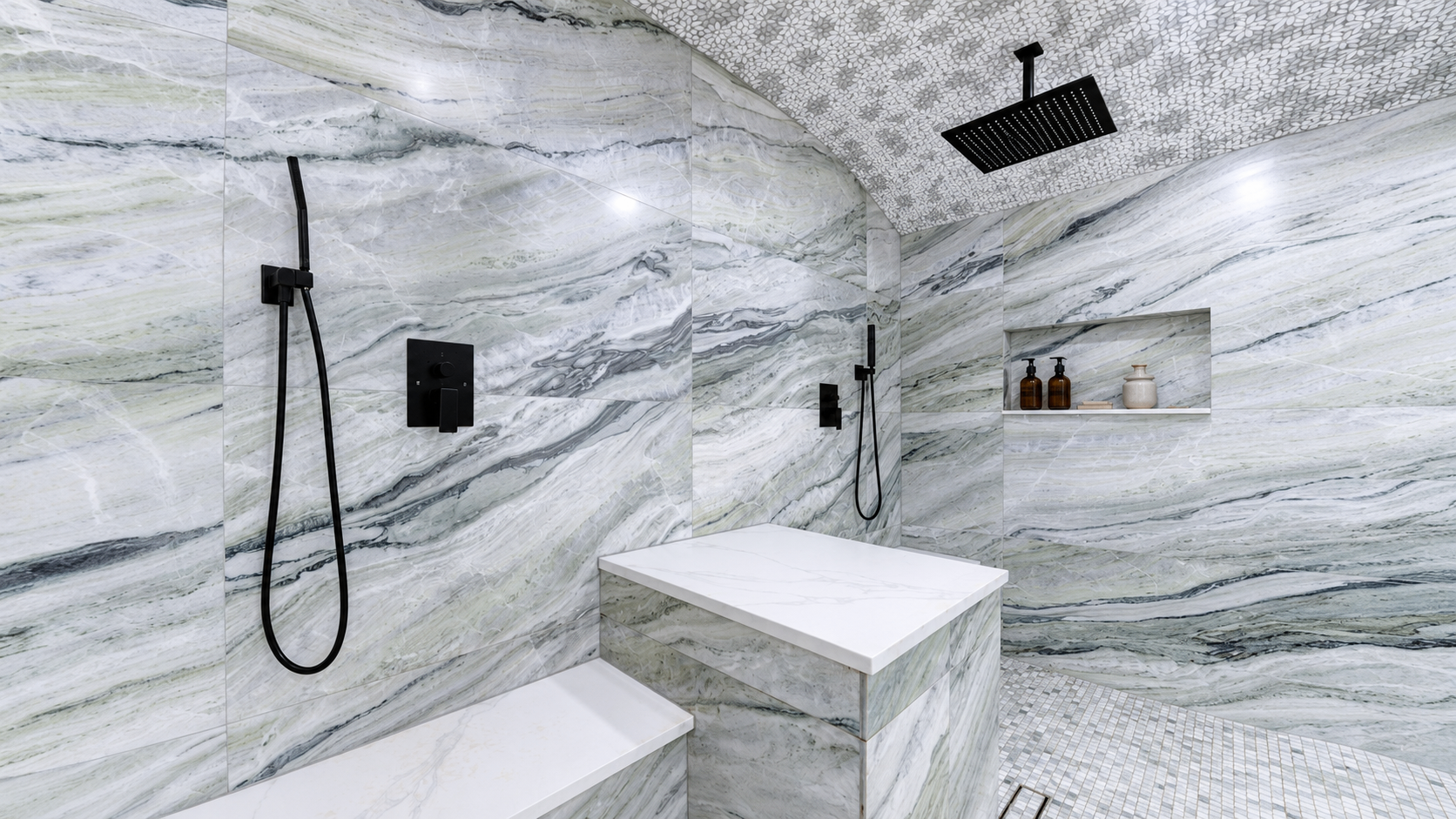 The hydrotherapy shower, marble walls with soft light