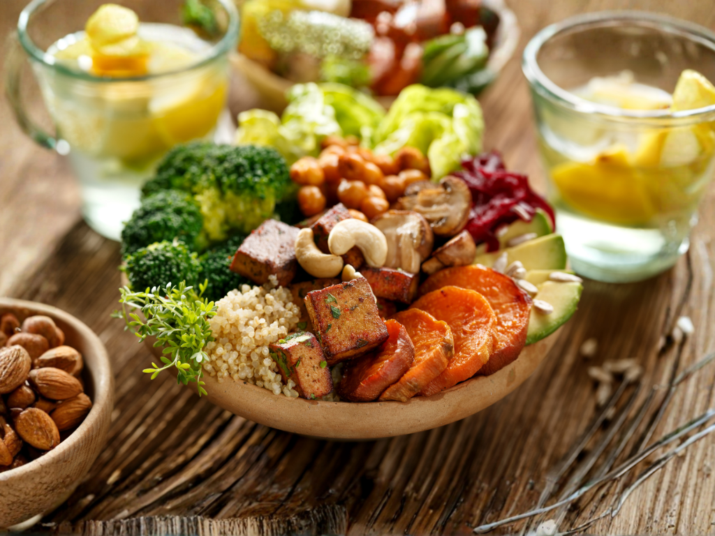 A nourishing bowl of whole foods with vegetables, grains, and legumes