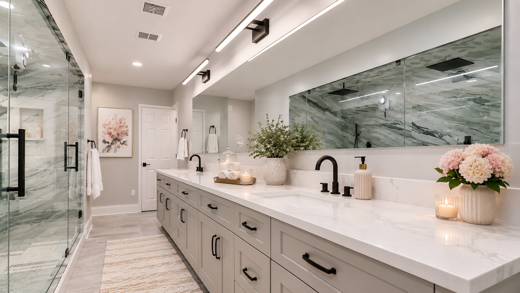A clean, bright en-suite bathroom with hydrotherapy shower