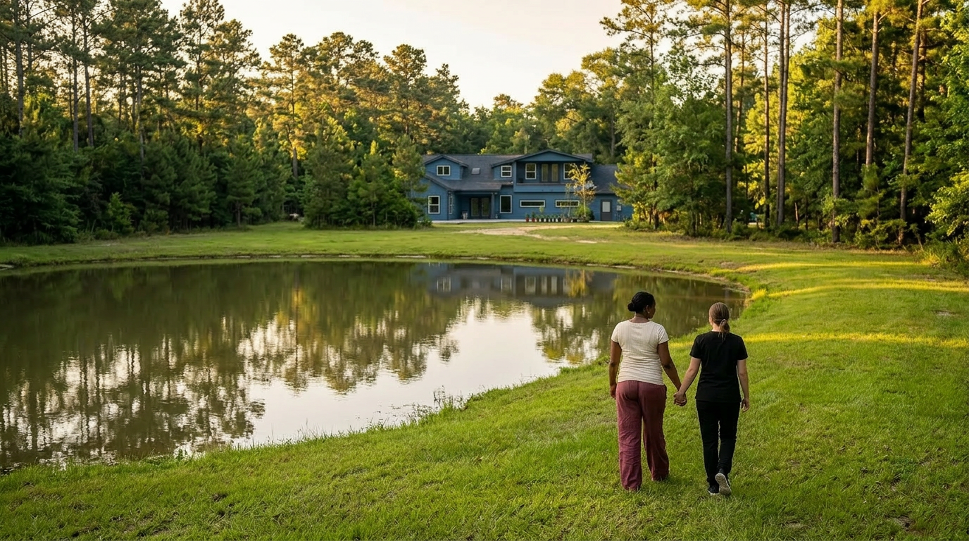 A pregnant mother and a caregiver in black scrubs walking together beside the backyard pond at golden hour
